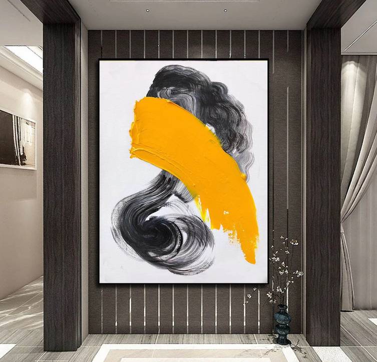 Modern Hand-painted Original Black Minimal Gold Abstract Canvas Artwork C4C7P
